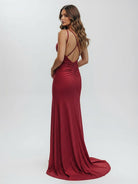 KissProm-Kaylani Burgundy Mermaid V Neck Glitter Jersey Long Prom Dress With Slit
