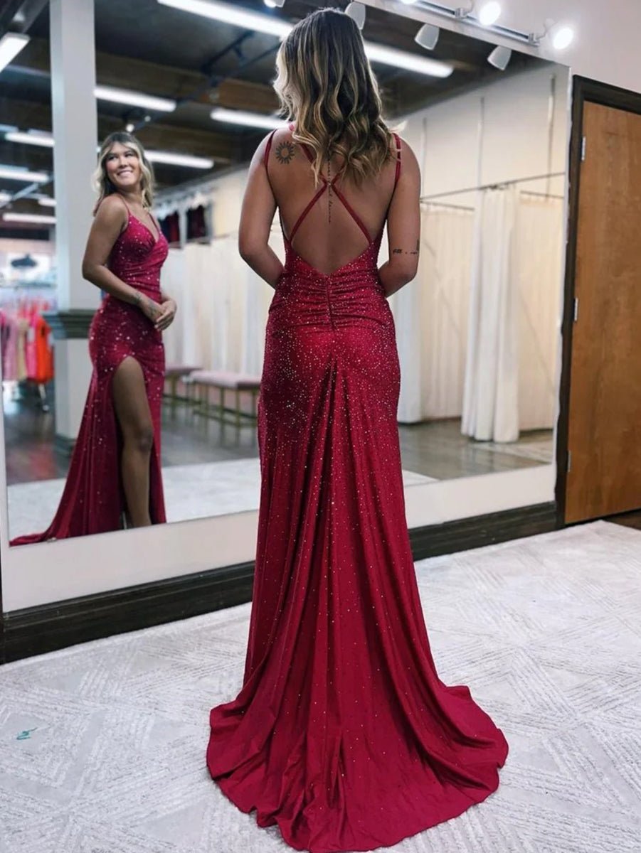 KissProm-Kaylani Burgundy Mermaid V Neck Glitter Jersey Long Prom Dress With Slit