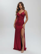 KissProm-Kaylani Burgundy Mermaid V Neck Glitter Jersey Long Prom Dress With Slit