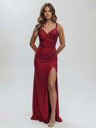 KissProm-Kaylani Burgundy Mermaid V Neck Glitter Jersey Long Prom Dress With Slit