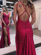 KissProm-Kaylani Burgundy Mermaid V Neck Glitter Jersey Long Prom Dress With Slit