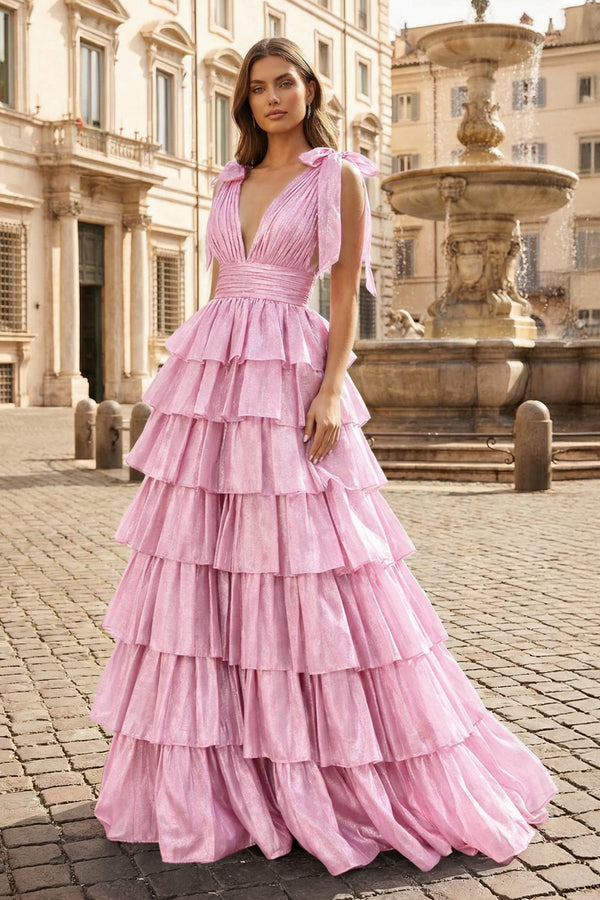 Glitter Tie Straps Pink Plunging Neck Tiered Long Prom Dress - KISSPROM PROM DRESSES