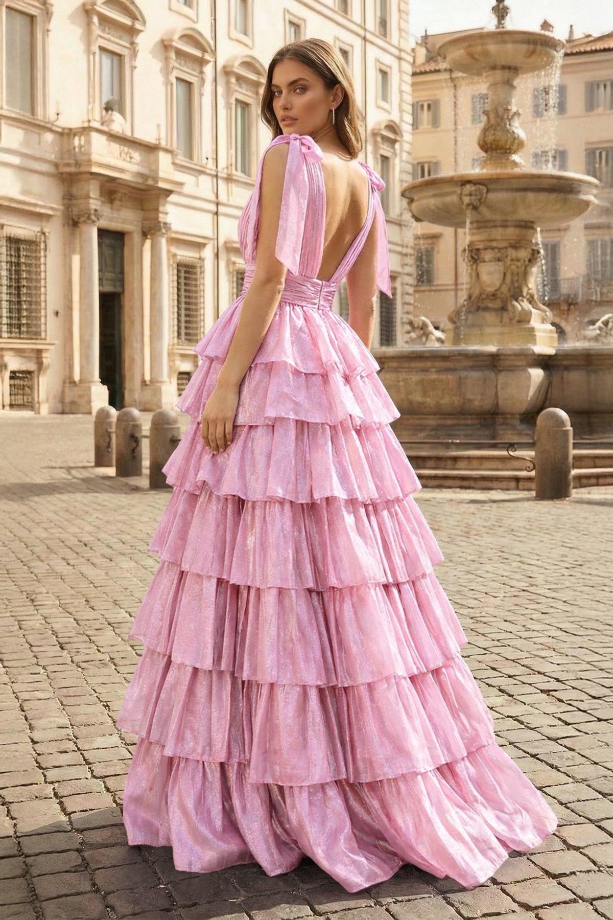 KissProm Glitter Tie Straps Pink Plunging Neck Tiered Long Prom Dress, Pink / 8