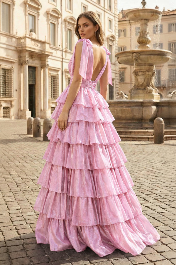 Glitter Tie Straps Pink Plunging Neck Tiered Long Prom Dress - KISSPROM PROM DRESSES