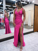 KissProm-Kaylani Fuchsia Mermaid V Neck Glitter Jersey Long Prom Dress With Slit