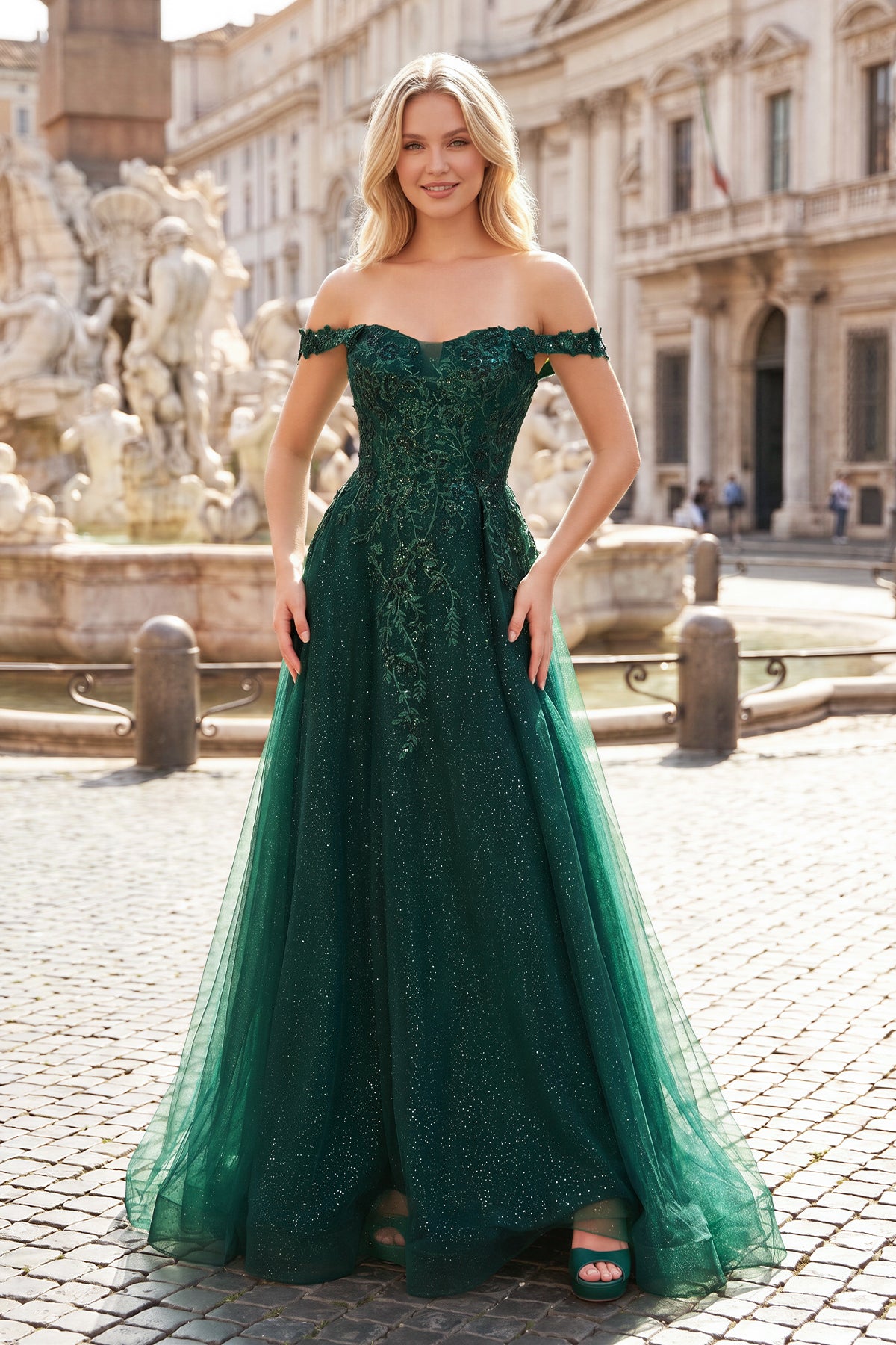 Glitter Emerald Appliques Off-the-Shoulder A-Line Long Prom Dress Emerald / 00