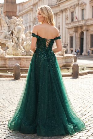 Glitter Emerald Appliques Off-the-Shoulder A-Line Long Prom Dress - Kissprom