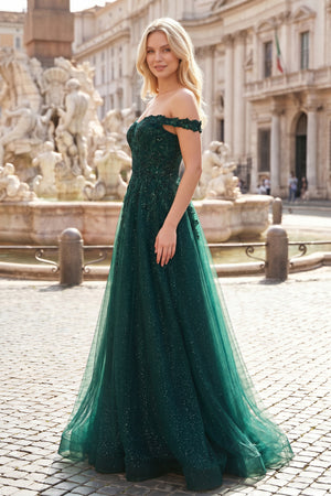 Glitter Emerald Appliques Off-the-Shoulder A-Line Long Prom Dress - Kissprom