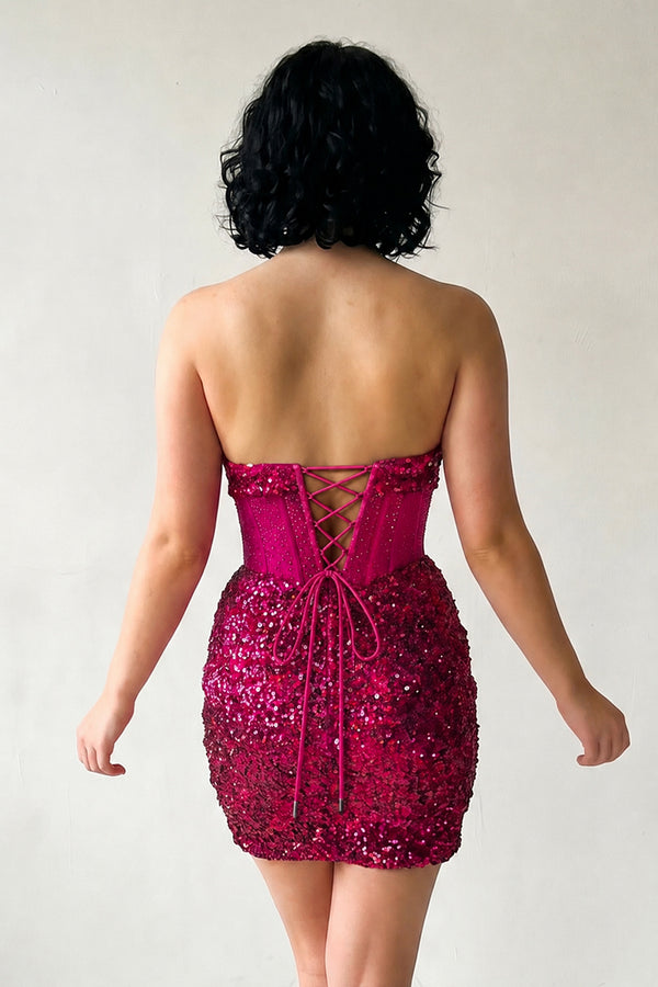 Fuchsia Bodycon Sparkly Strapless Sequins Mini Party Dresses - KISSPROM