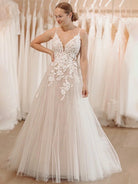 Dalia | Glitter Ivory A - Line Spaghetti Straps Long Wedding Dress with Appliques - KissProm