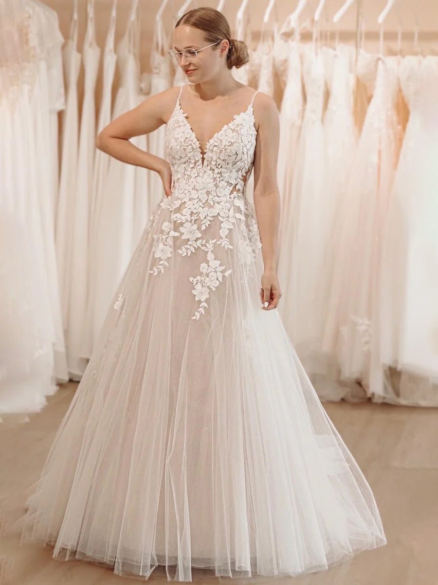 Dalia | Glitter Ivory A - Line Spaghetti Straps Long Wedding Dress with Appliques - KissProm