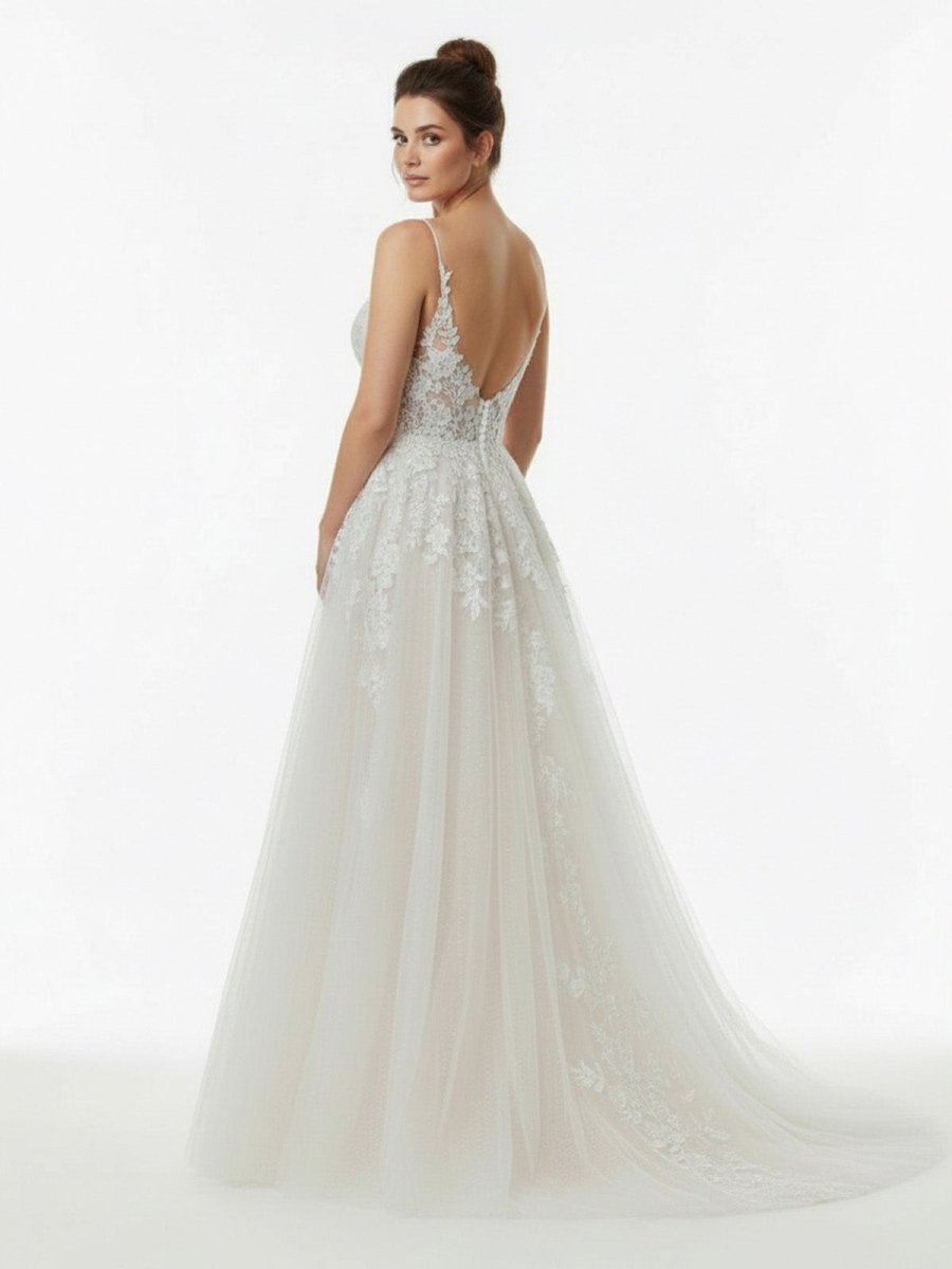 Dalia | Glitter Ivory A - Line Spaghetti Straps Long Wedding Dress with Appliques - KissProm