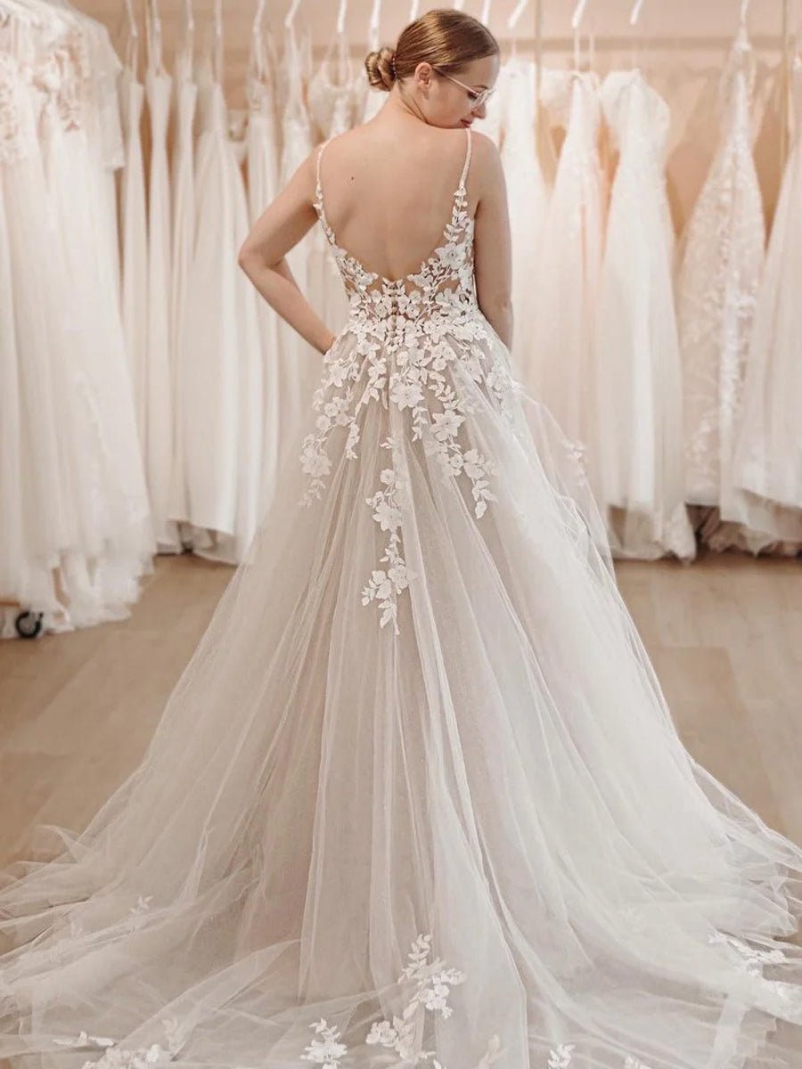 Dalia | Glitter Ivory A - Line Spaghetti Straps Long Wedding Dress with Appliques - KissProm