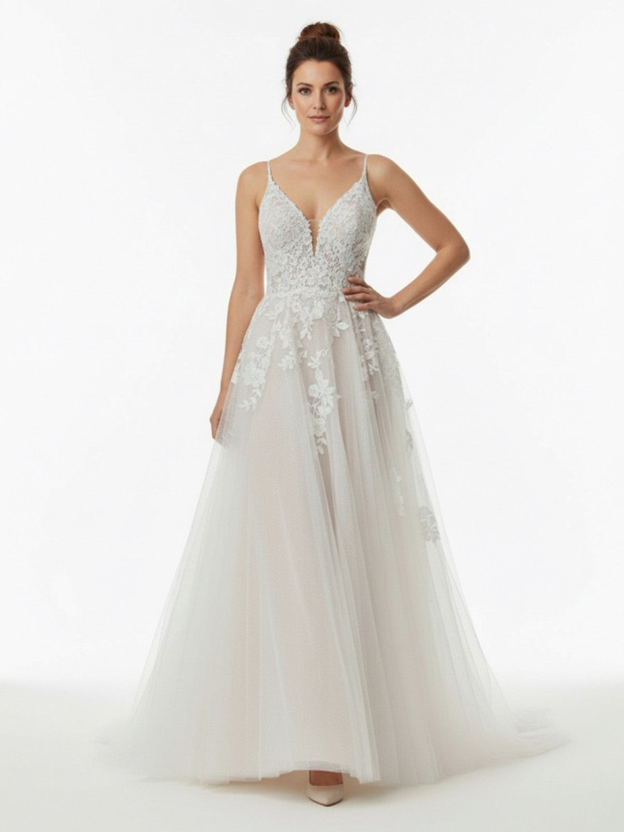 Dalia | Glitter Ivory A - Line Spaghetti Straps Long Wedding Dress with Appliques - KissProm