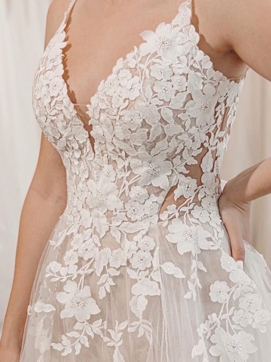 Dalia | Glitter Ivory A - Line Spaghetti Straps Long Wedding Dress with Appliques - KissProm