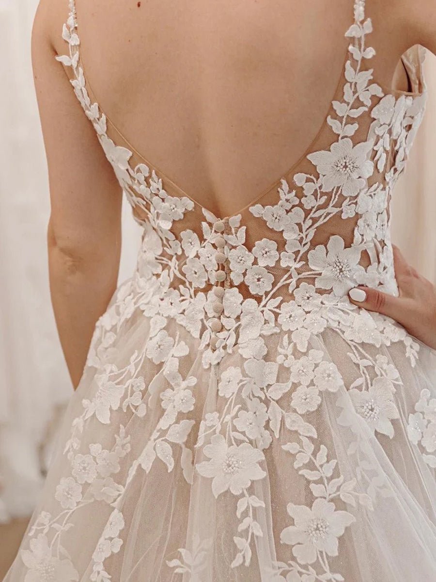 Dalia | Glitter Ivory A - Line Spaghetti Straps Long Wedding Dress with Appliques - KissProm