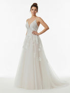 Dalia | Glitter Ivory A - Line Spaghetti Straps Long Wedding Dress with Appliques - KissProm