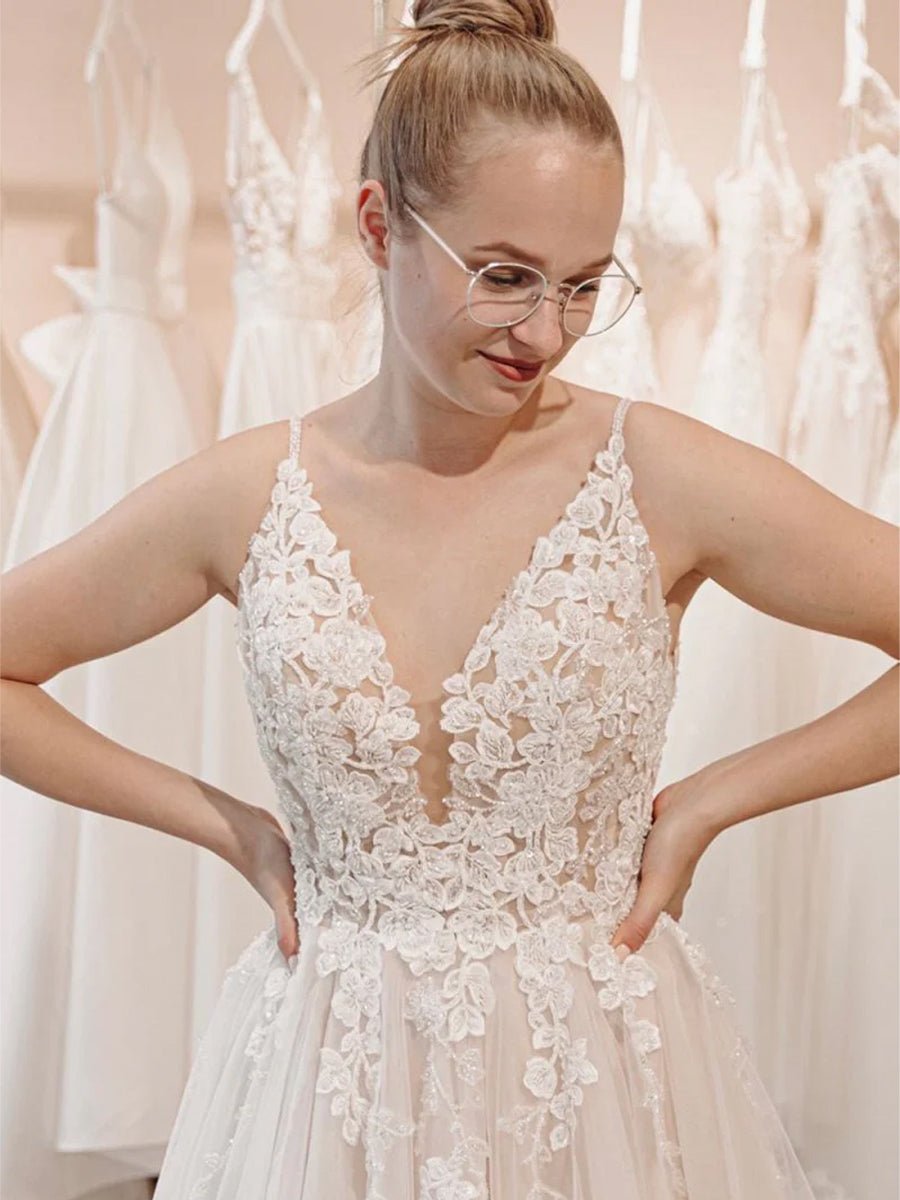 Dalia | Glitter Ivory A - Line Spaghetti Straps Long Wedding Dress with Appliques - KissProm