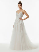 Dalia | Glitter Ivory A - Line Spaghetti Straps Long Wedding Dress with Appliques - KissProm