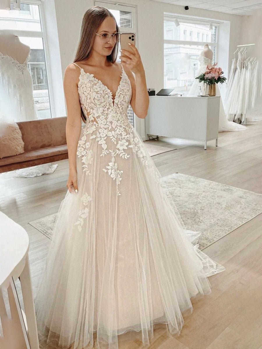 Dalia | Glitter Ivory A - Line Spaghetti Straps Long Wedding Dress with Appliques - KissProm