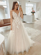 Dalia | Glitter Ivory A - Line Spaghetti Straps Long Wedding Dress with Appliques - KissProm