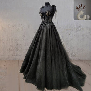 knee length dresses for ladies Glitter Lace Tulle Sweetheart Corset Court Black Wedding Dress, Black / 4