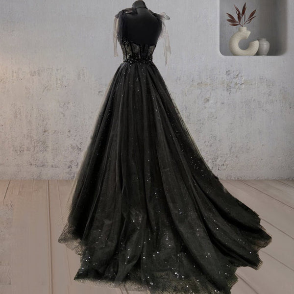 Glitter Lace Tulle Sweetheart Corset Court Black Wedding Dress