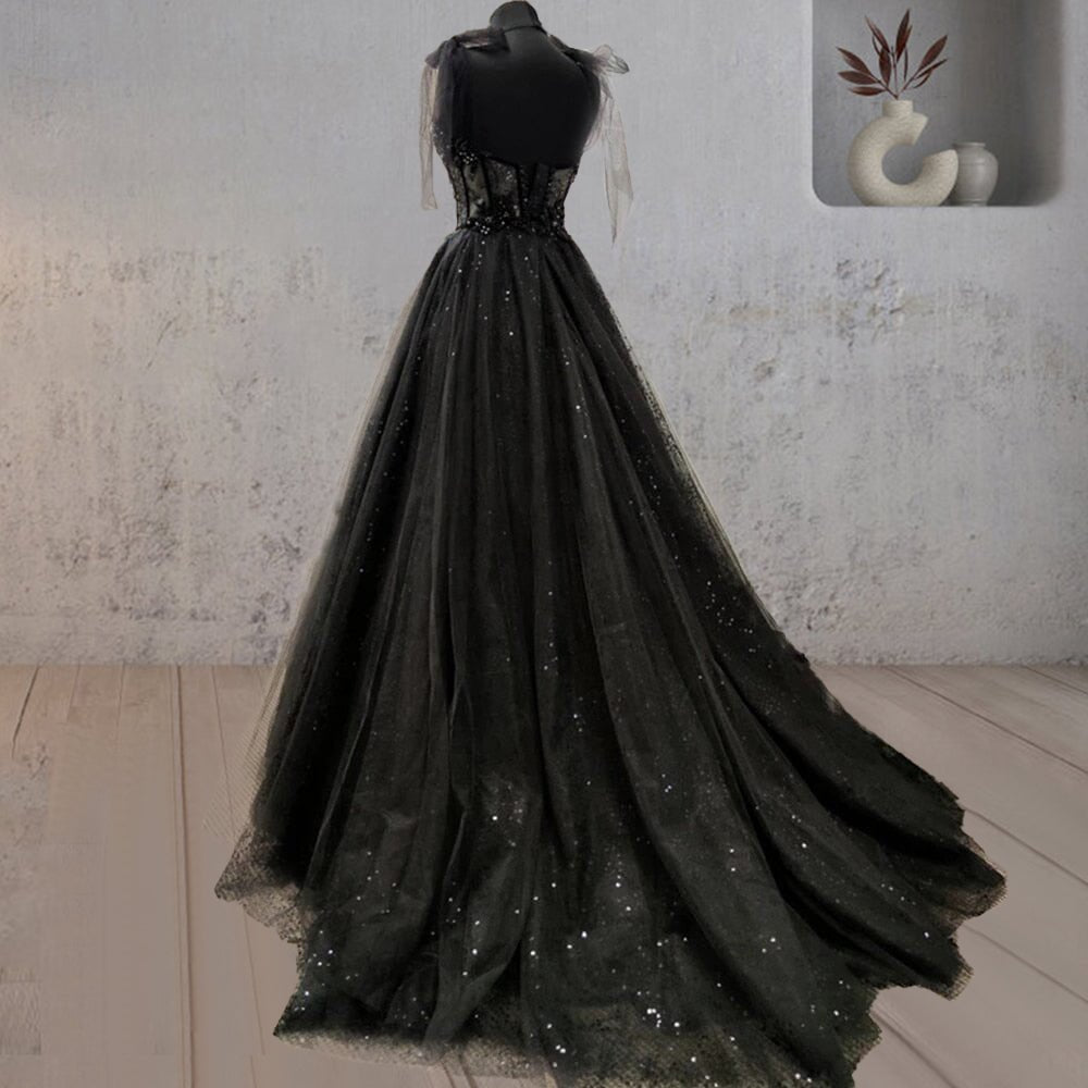 slim fit dress slacks Nocturne Black Glitter Embellished Tulle Corset Maxi Dress