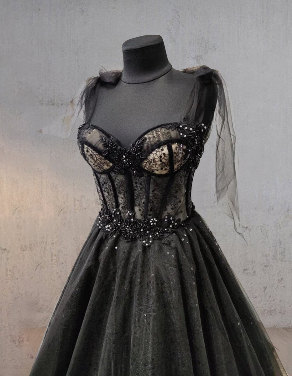 Glitter Lace Tulle Sweetheart Corset Court Black Wedding Dress, Black / 4