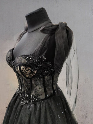 Glitter Lace Tulle Sweetheart Corset Court Black Wedding Dress