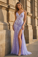 Glitter Lavender Mermaid Lace Long Prom Dress with Slit - KissProm