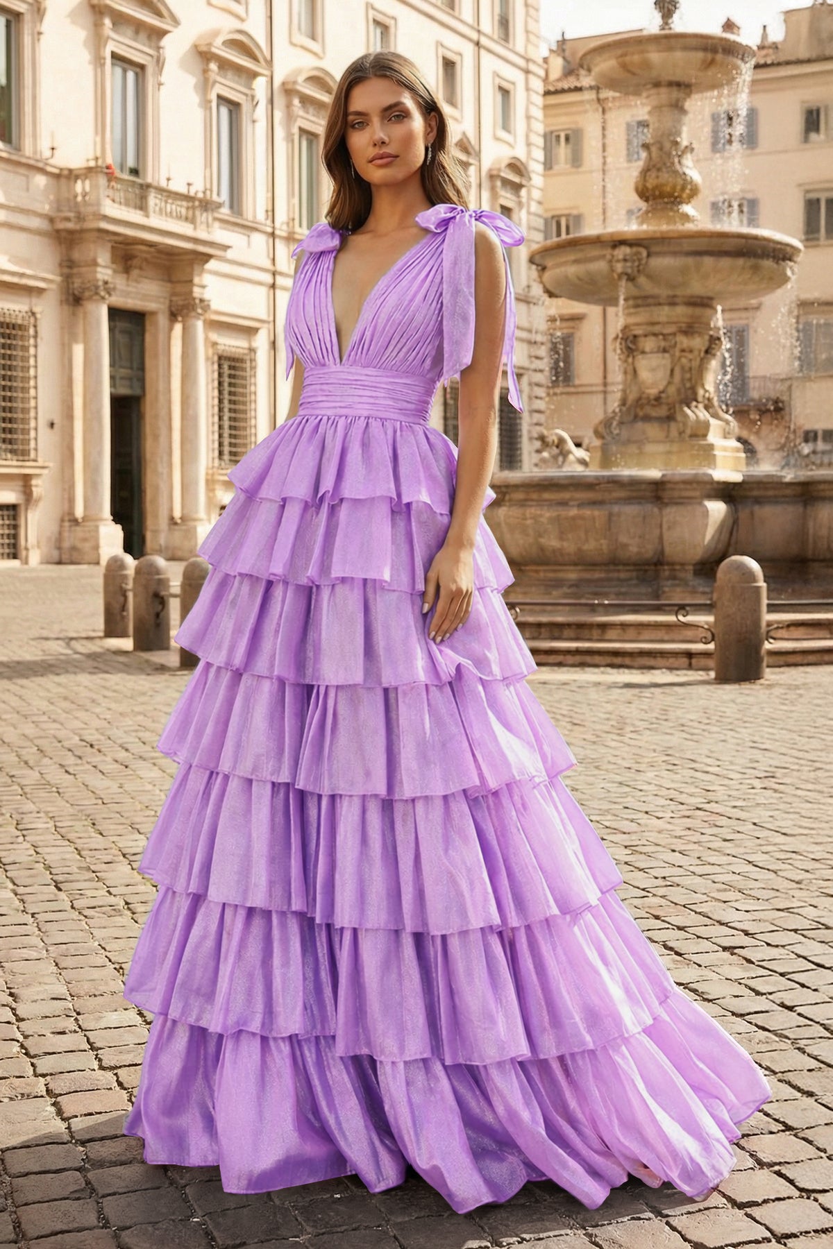 KissProm Glitter Tie Straps Pink Plunging Neck Tiered Long Prom Dress, Purple / 14