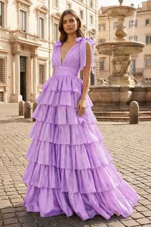 Glitter Tie Straps Pink Plunging Neck Tiered Long Prom Dress - KISSPROM PROM DRESSES