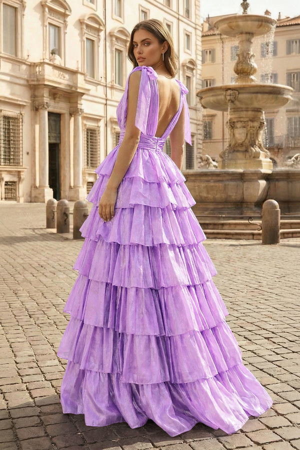Glitter Tie Straps Pink Plunging Neck Tiered Long Prom Dress - KISSPROM PROM DRESSES