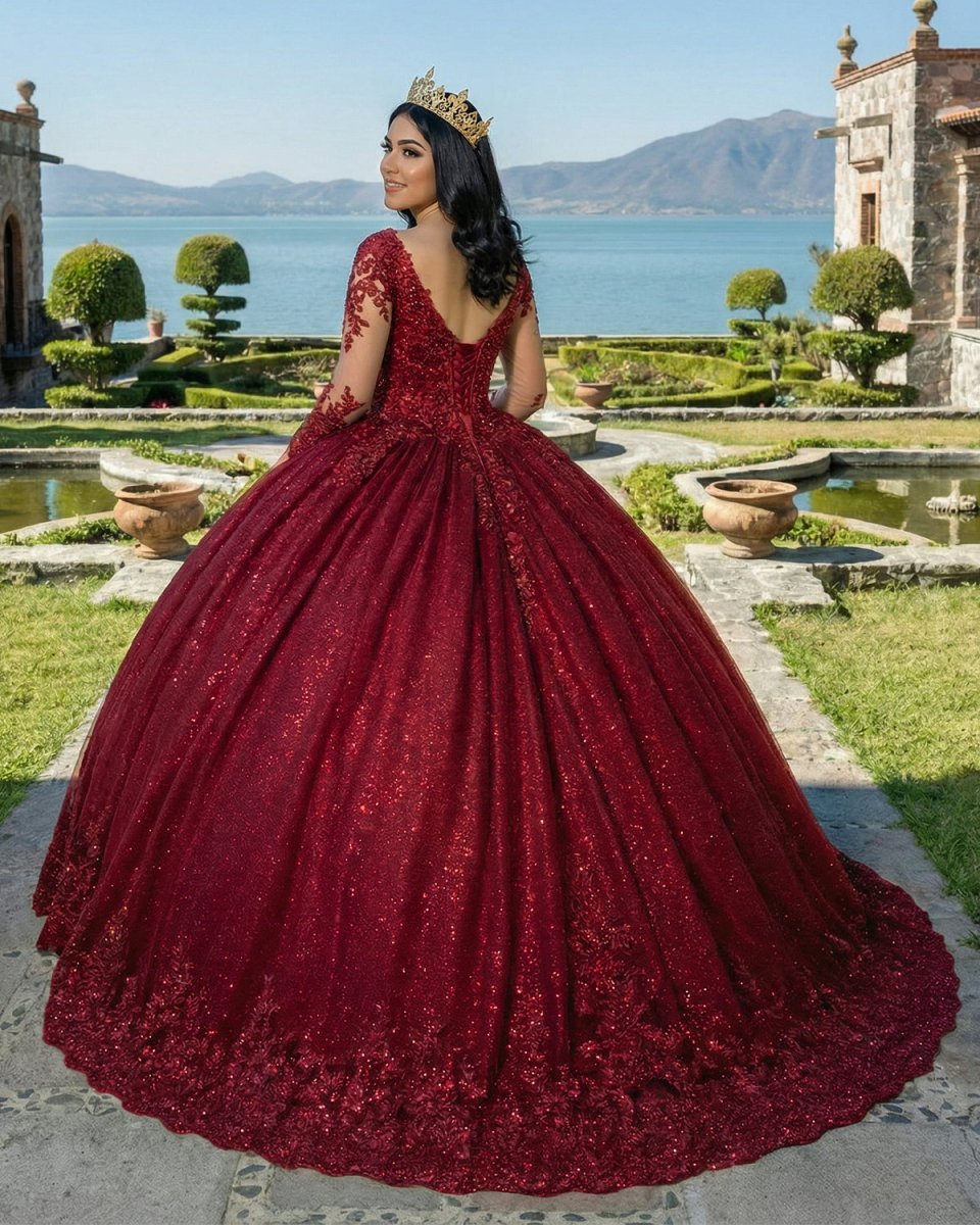 Glitter Long Sleeve Princess Burgundy Quinceanera Dresses, Burgundy / 2 Glitter Long Sleeve Princess Burgundy Quinceanera Dresses, Burgundy / 2