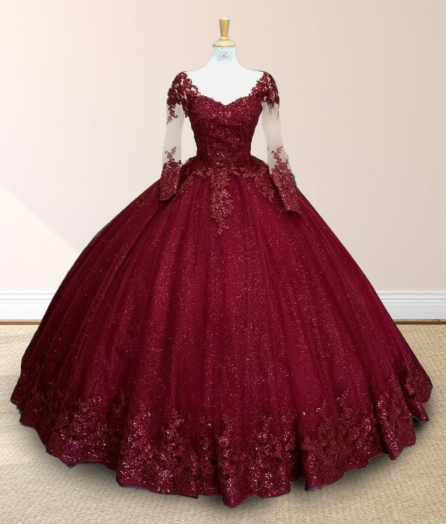 Glitter Long Sleeve Princess Burgundy Quinceanera Dresses Glitter Long Sleeve Princess Burgundy Quinceanera Dresses