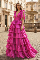 Glitter Tie Straps Pink Plunging Neck Tiered Long Prom Dress - KISSPROM PROM DRESSES