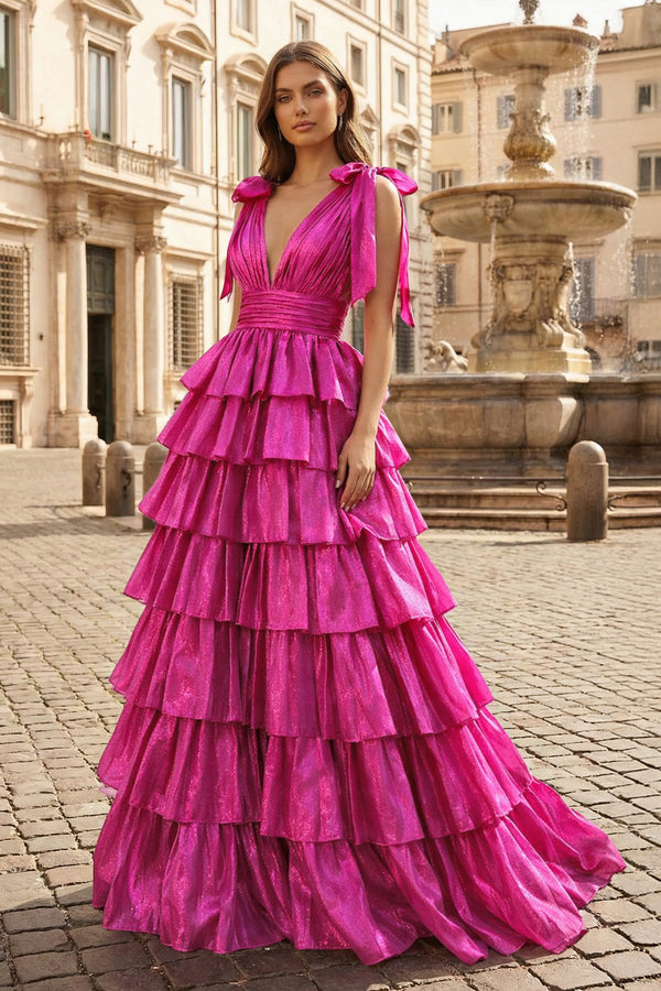 Glitter Tie Straps Pink Plunging Neck Tiered Long Prom Dress - KISSPROM PROM DRESSES