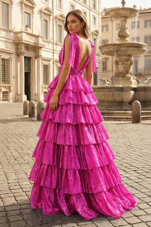 Glitter Tie Straps Pink Plunging Neck Tiered Long Prom Dress - KISSPROM PROM DRESSES