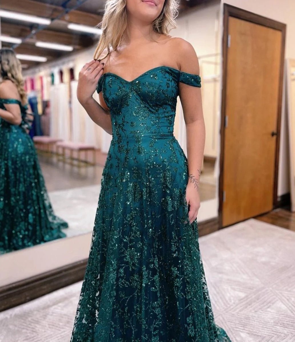 Glitter Mermaid Off The Shoulder Dark Green Long Prom Dress Dark Green / 16 Glitter Mermaid Off The Shoulder Dark Green Long Prom Dress Dark Green / 16