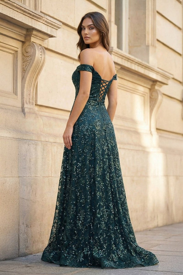 Glitter Mermaid Off The Shoulder Dark Green Long Prom Dress - KissProm
