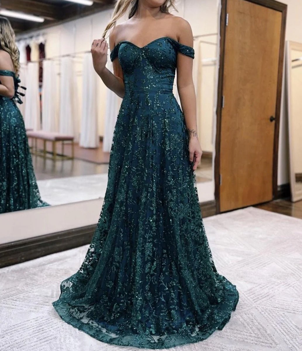 Glitter Mermaid Off The Shoulder Dark Green Long Prom Dress - KissProm