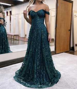 Glitter Mermaid Off The Shoulder Dark Green Long Prom Dress - KissProm