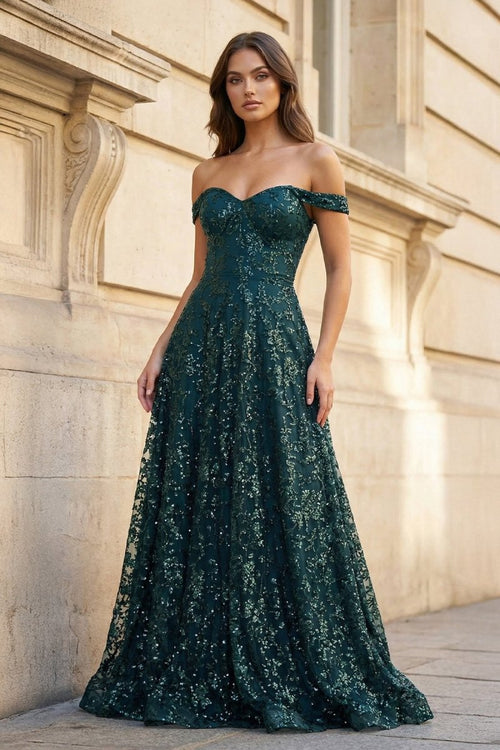 Glitter Mermaid Off The Shoulder Dark Green Long Prom Dress - KissProm