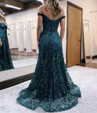 Glitter Mermaid Off The Shoulder Dark Green Long Prom Dress - KissProm