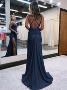 Kaylani |Mermaid V Neck Glitter Jersey Long Prom Dress with Slit - KissProm