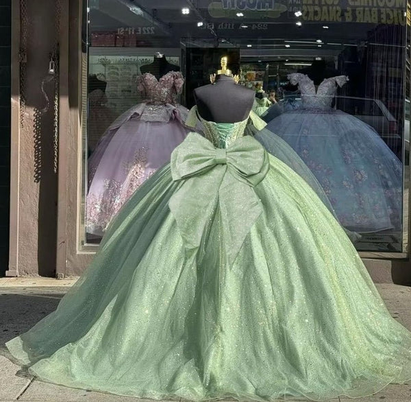 Glitter Off The Shoulder Beading Tulle Long Quinceanera Dresses - KissProm