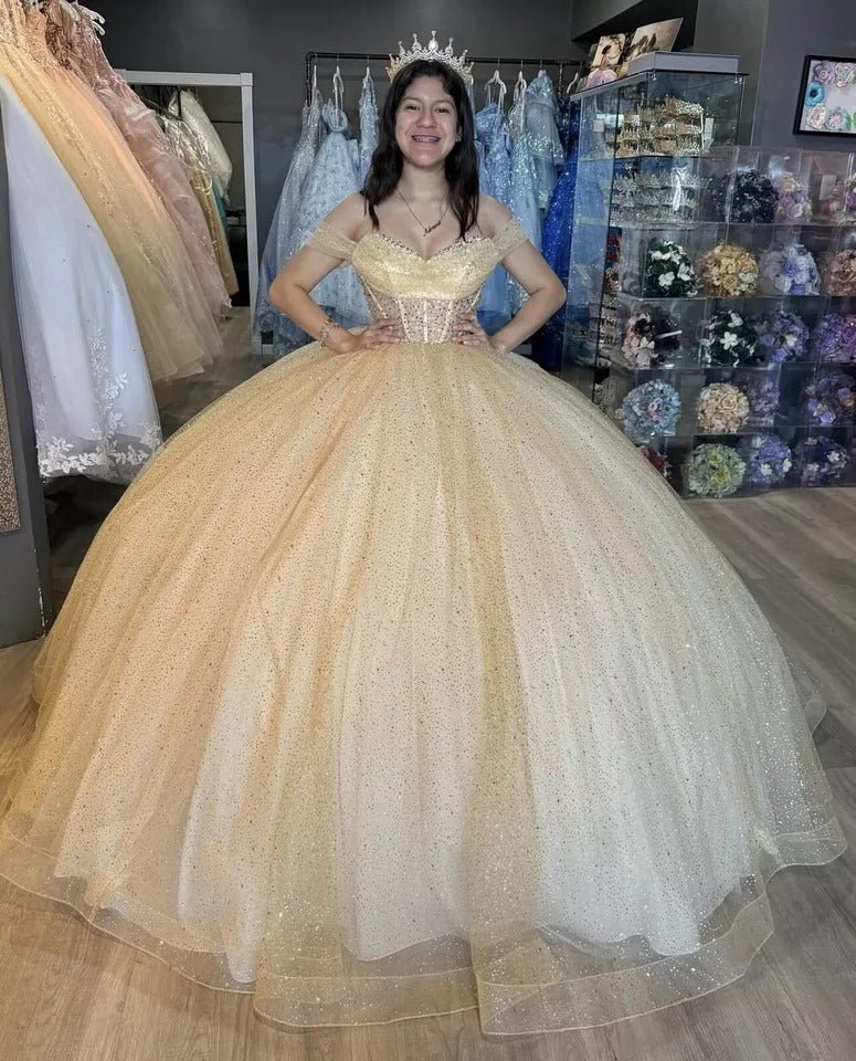 Glitter Off The Shoulder Beading Tulle Long Quinceanera Dresses - KissProm