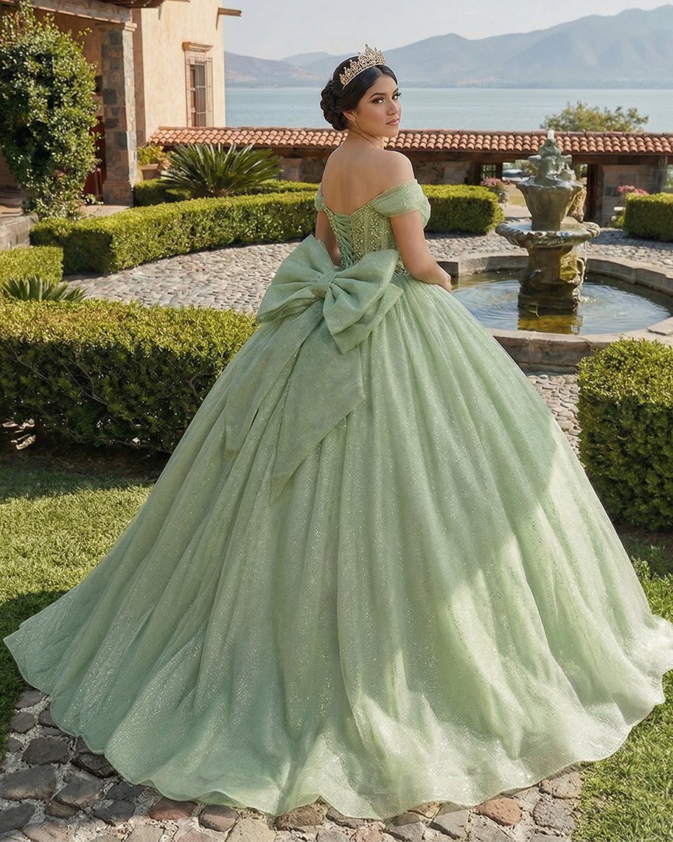 Glitter Off The Shoulder Beading Tulle Long Quinceanera Dresses - KissProm 