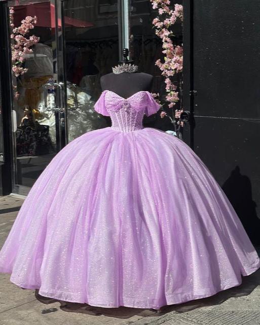 Carine | Glitter Off The Shoulder Pink Ball Gown Quinceanera Dresses